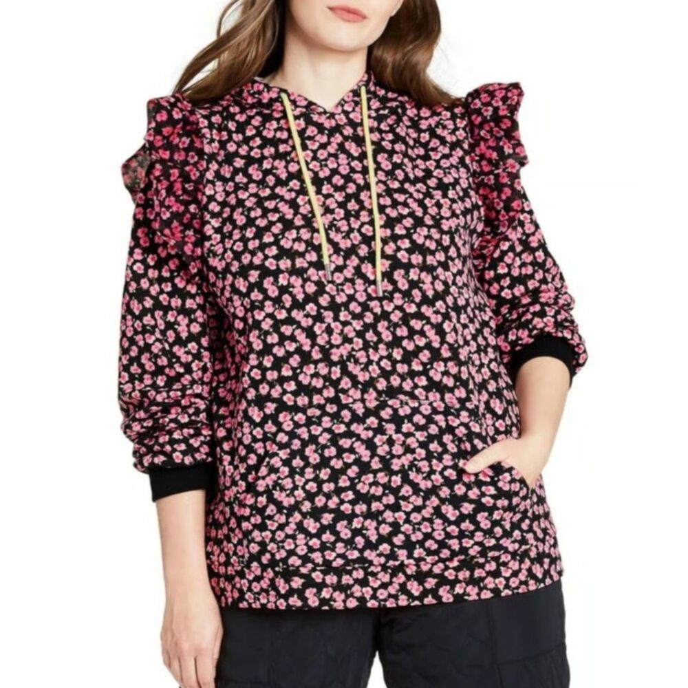 NEW Black Floral Sz XS Ruffled Hooded Lightweight Sweatshirt Pocket SANDY LIANG